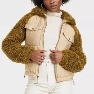 Universal Thread Quilted Moto Jacket Puffer Teddy Faux Fur Cream Brown Medium